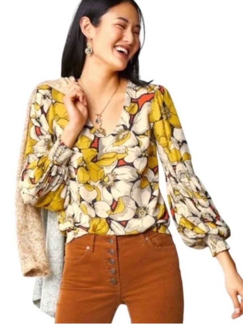 Cabi L Sequel #3954 large print floral poet sleeve romantic dress up or down top